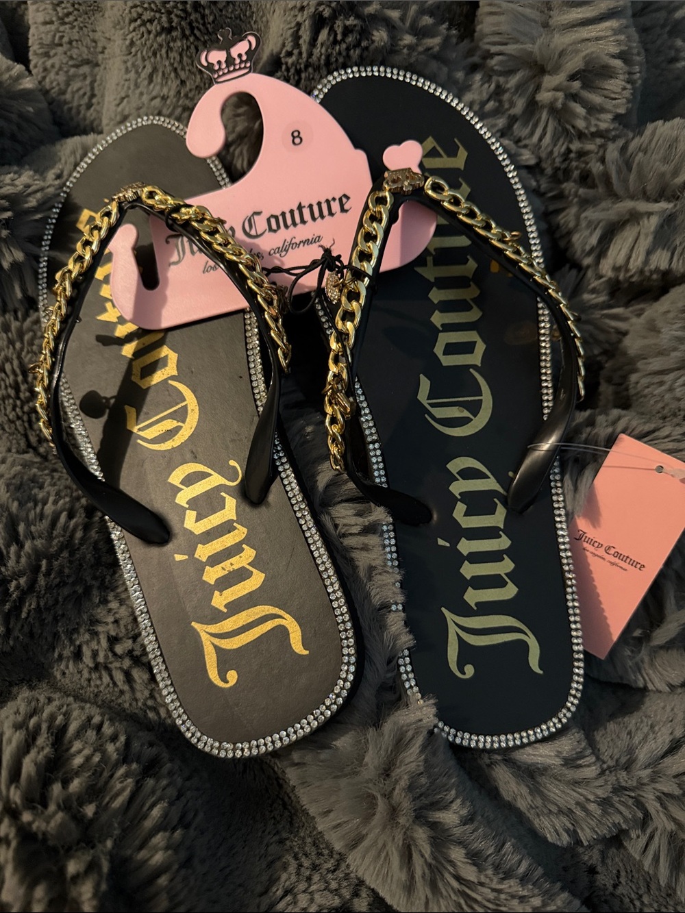 Juicy Couture Black and Gold Chain-Trim Flip Flop Sandals